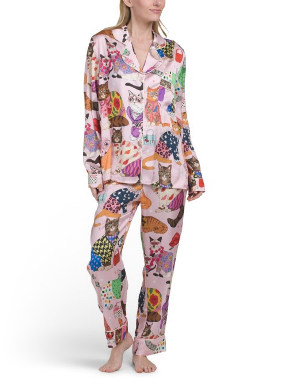 Karen Mabon Fashion Cats Pink Pajama Set Size L NWT Cat Print Luxury PJs Satin